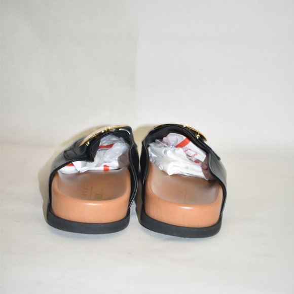 $700 JOSHUA SANDERS GOLD SMILEY-BUCKLE LEATHER SLIPPERS SLIDE BLACK 39 (TB20) - Picture 6 of 8